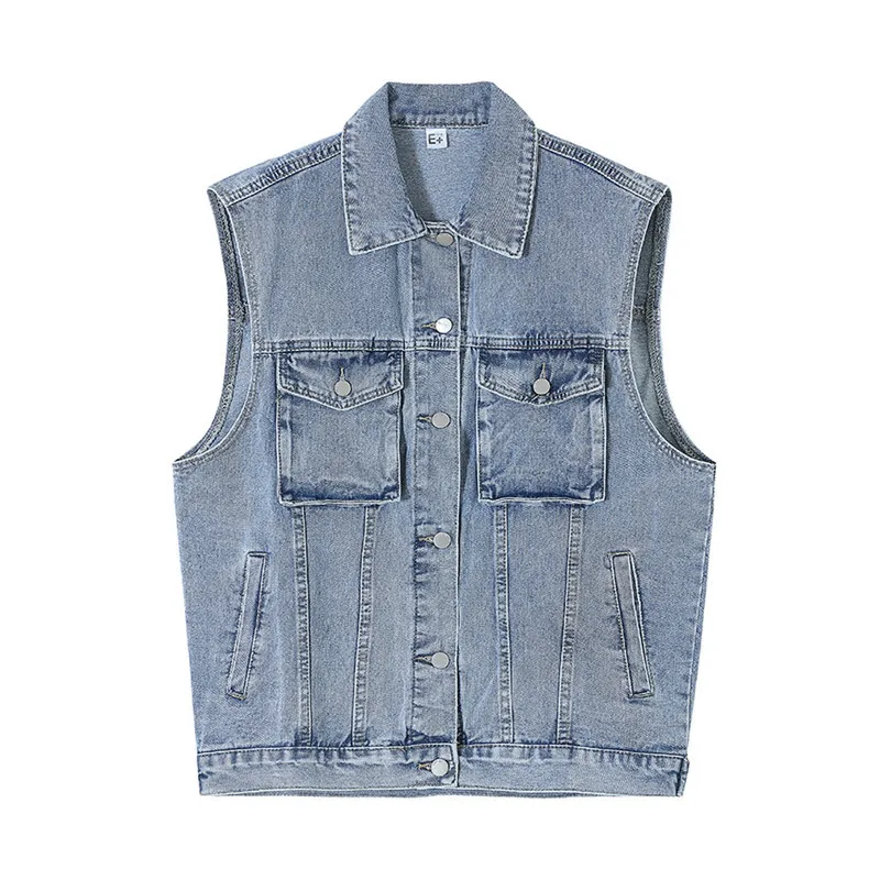

2022 Spring Autumn Vintage Women Washed Blue Short Denim Vest Casual Lapel Sleeveless Female Black Jeans Waistcoat Veste Femme