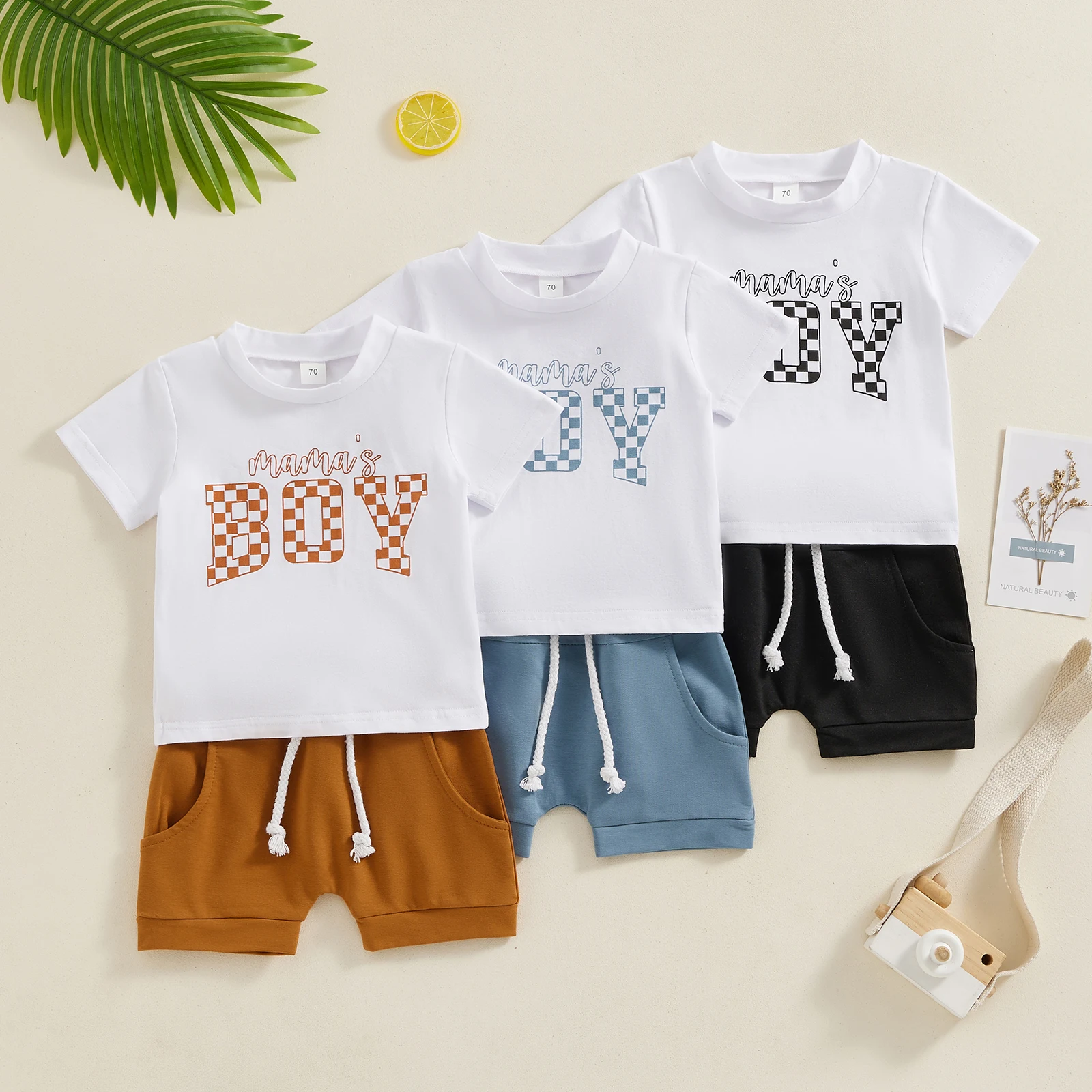   소년 여름 복장 편지 인쇄 짧은 소매 티셔츠 탑과 탄성 허리 반바지 2Pcs ..