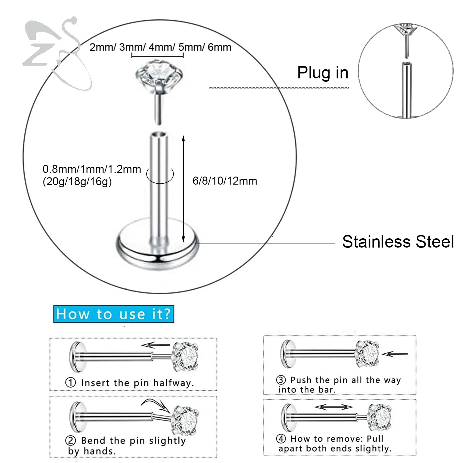 ZS Stainless Steel Lip Stud Plug In Zircon Labret Piercing Cartilage Earring Ear Helix Tragus Medusa Piercing 10pcs/lot 16G-20G piercing jewelry body piercing earrings ear piercing jewelry metal jewelry body piercing jewelry body jewelry