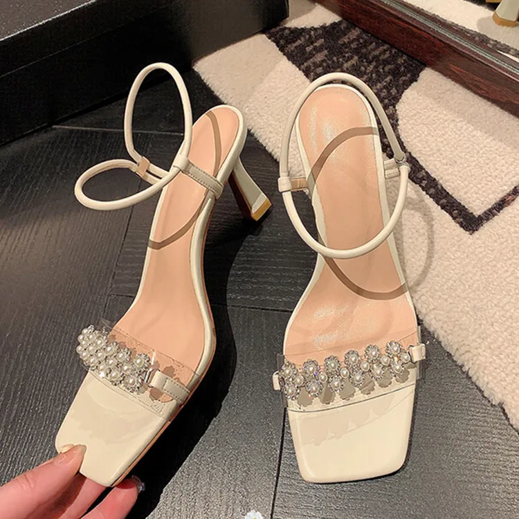 

Luxury Rhinestone Women Summer Sandals Narrow Strap High Heels Crystal Sandalias Apricot 7cm Prom Party Slippers Tenis Zapatilla