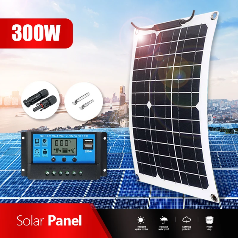 유연한 300W 12V 태양광 패널(컨트롤러 포함) - 고효율, 자동차, RV 및 휴대폰 충전용 휴대용 야외 전원