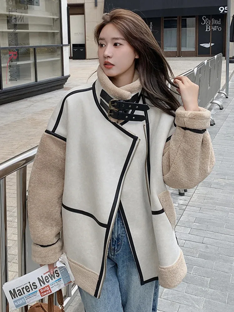 

LANMREM Winter Warm Lamb Fur Jackets Women Fashion Belt Spliced Stand Collar Contrast Color Coat Vintage 2023 New 2AA3882