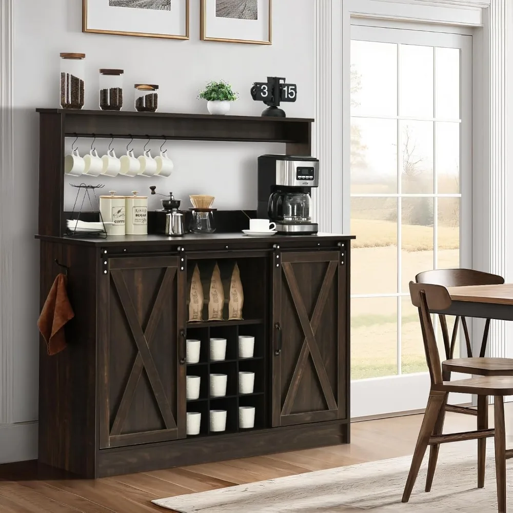 Farmhouse Coffee Bar Cabinet with 6 Hooks, 47&rdquo; Liquor Wine Bar Cabinet with 9 Wine Racks, Kitchen Buffet Storage