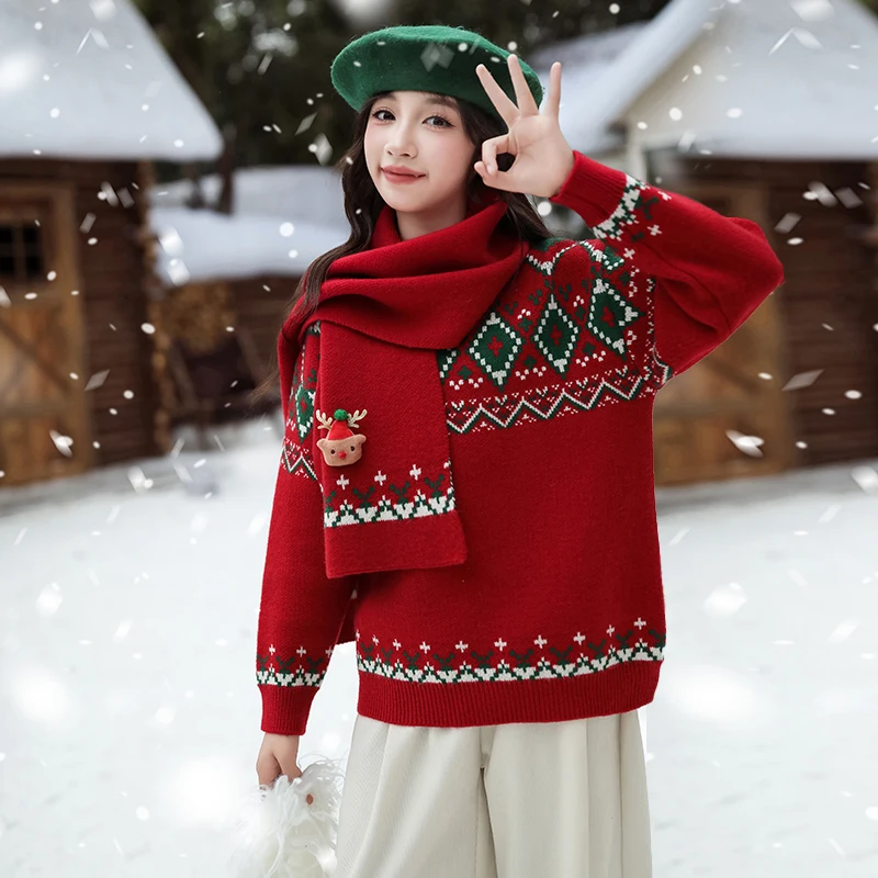 Elegant Girls Christmas Sweater with Scarf For Child New Year