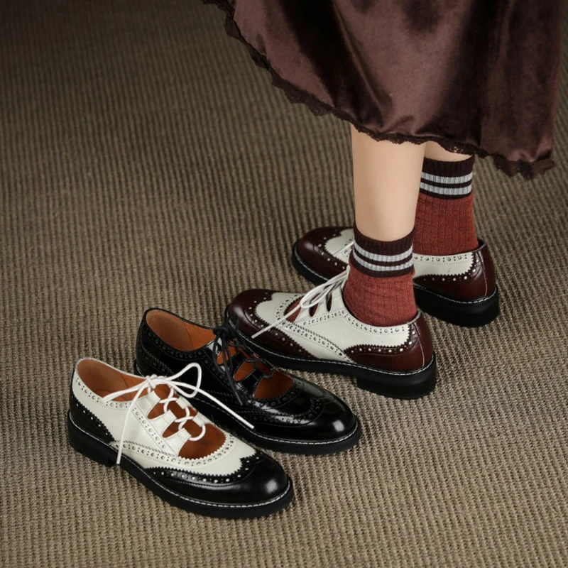 Oxford Shoes Women Split leather Shoes for Women Spring/Autumn Loafers Summer Brogues Vintage Lace-up Pumps
