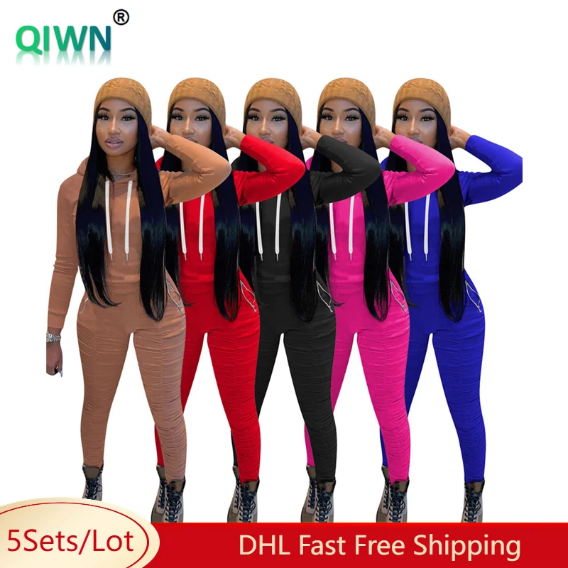 Red Stripe Pullover Hoodie Ribbed Solid Pants 2pcs Set Outfit