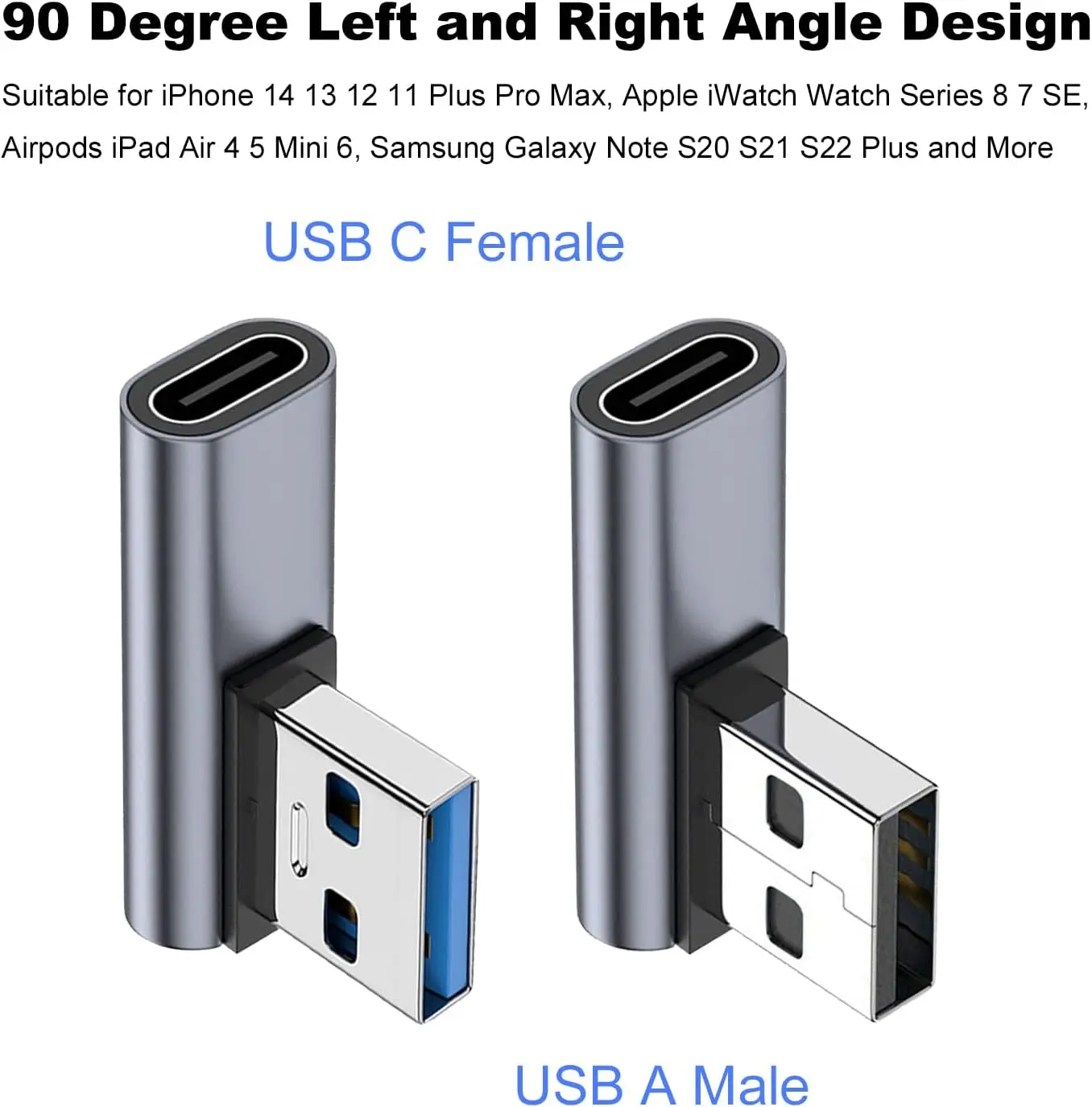 아이폰 애플 아이워치 워치용 USB C 암-USB 수 어댑터, 왼쪽 및 오른쪽 각도 C 타입-USB A 충전기 변환기