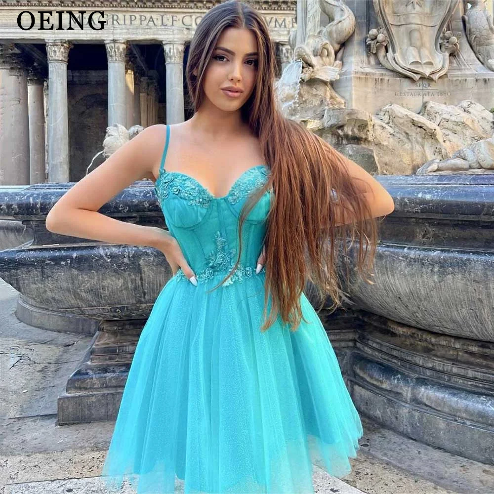 

OEING Sexy Short Mini Party Dresses Sweetheart Blue Spaghetti Straps Appliques Lace Homecoming Skirt Princess Prom Dress Summer