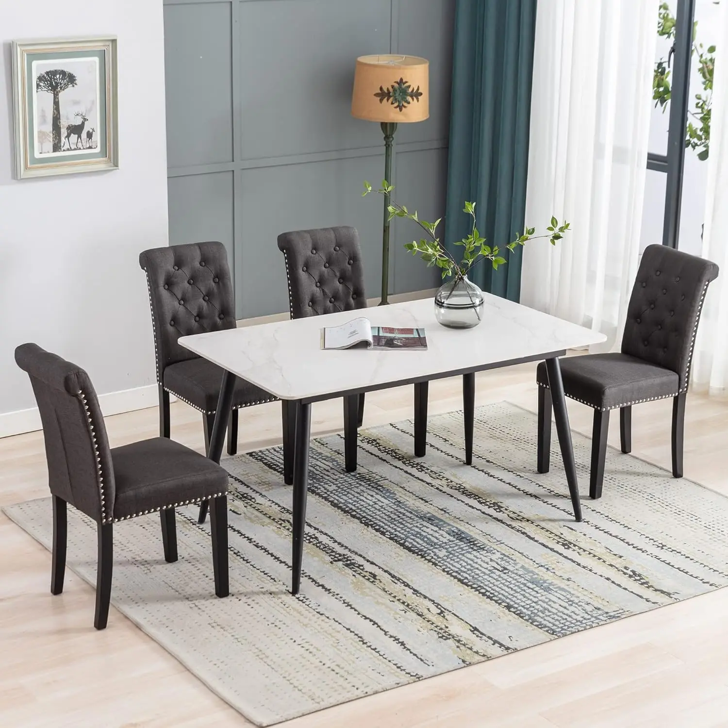 

Dining Chairs Set of 6, Upholstered Fabric Kitchen Chairs Dining Room Side Chair with Nailhead Trim and Rubber Wood Legs