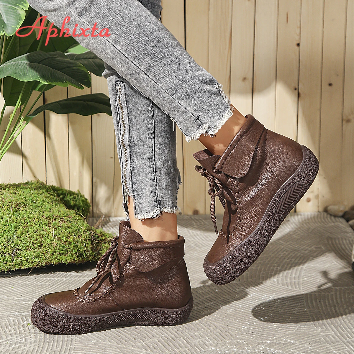 Aphixta Coffee Ankle Boots For Women Lace Up Chunky Heel Modern Short Boot Casual Woman Ankle Boots Woman Booties