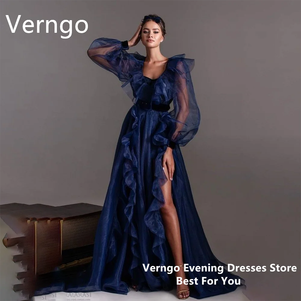 

Verngo Navy Blue Organza Party Dress For Women Side Slit Sexy Prom Gowns V Neck Puff Sleeves Evening Dress A Line Formal Dress