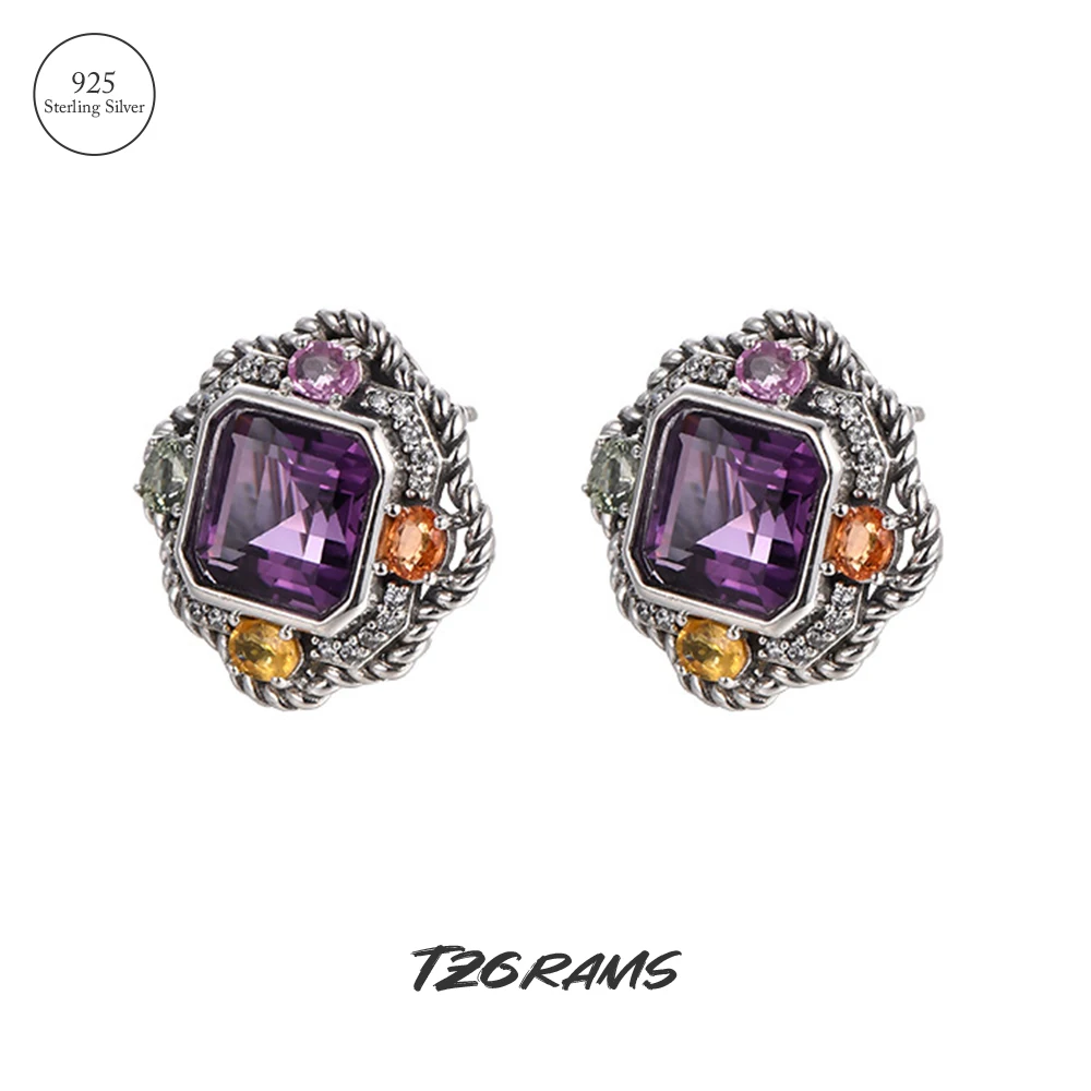 

TZgrams Handmade Geometry Natural Amethyst Earrings for Women 925 Sterling Silver Vintage Court Jewelry Wedding Accessories