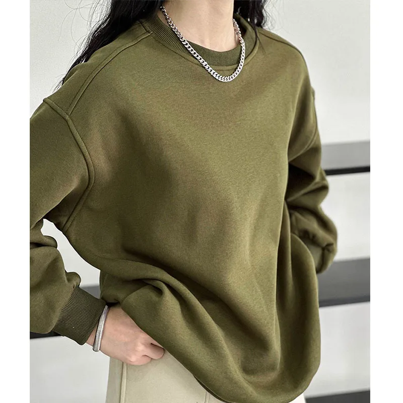 

Autumn Winter Plush Short Sweatshirts Round Neck Long Sleeve Casual Women's Solid Cotton Loose Pullovers