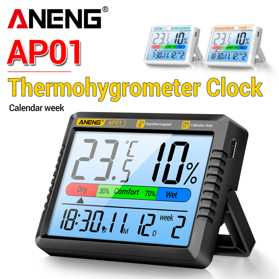 ANENG AP01 Digital Thermohygroneter Clock High Definition Screen Rechargeable Air Thermometer Hygrometer Multiscene Measurement