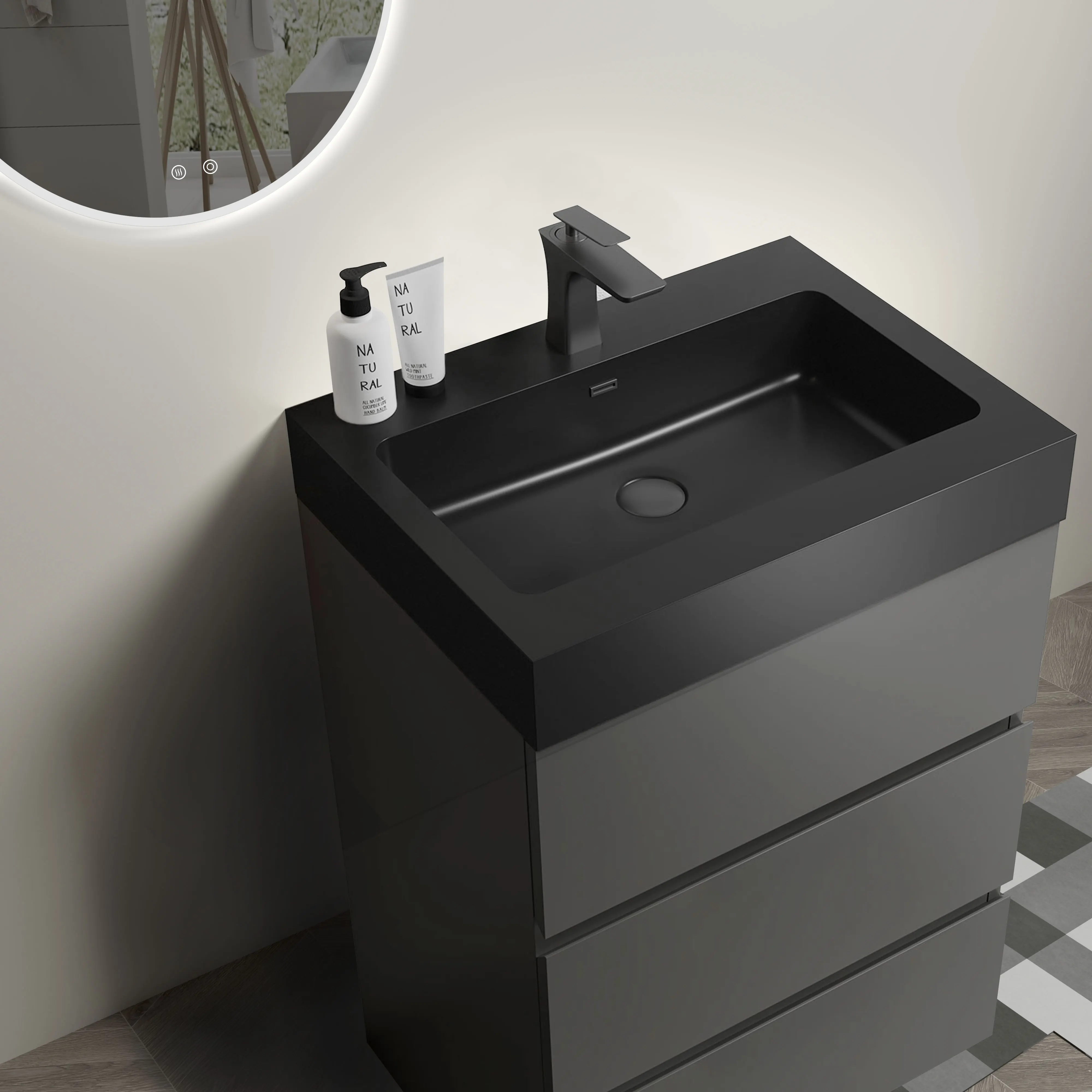 24" Gray Bathroom Vanity with Sink, Large Storage Freestanding Bathroom Vanity for Modern Bathroom, One-Piece Black Sink Basin images - 6