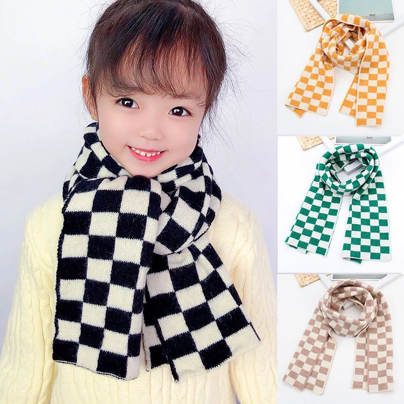 Checkerboard children's wool scarf knitted Korean black and white checkered children warm autumn and winter baby boys girls