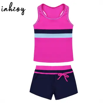 어린이용 여아 운동 수영복, 비치 수상 스포츠 수영복, 레이스백 탱크 탑, 수영 반바지, 탱키니 수영 수영복, 2 개