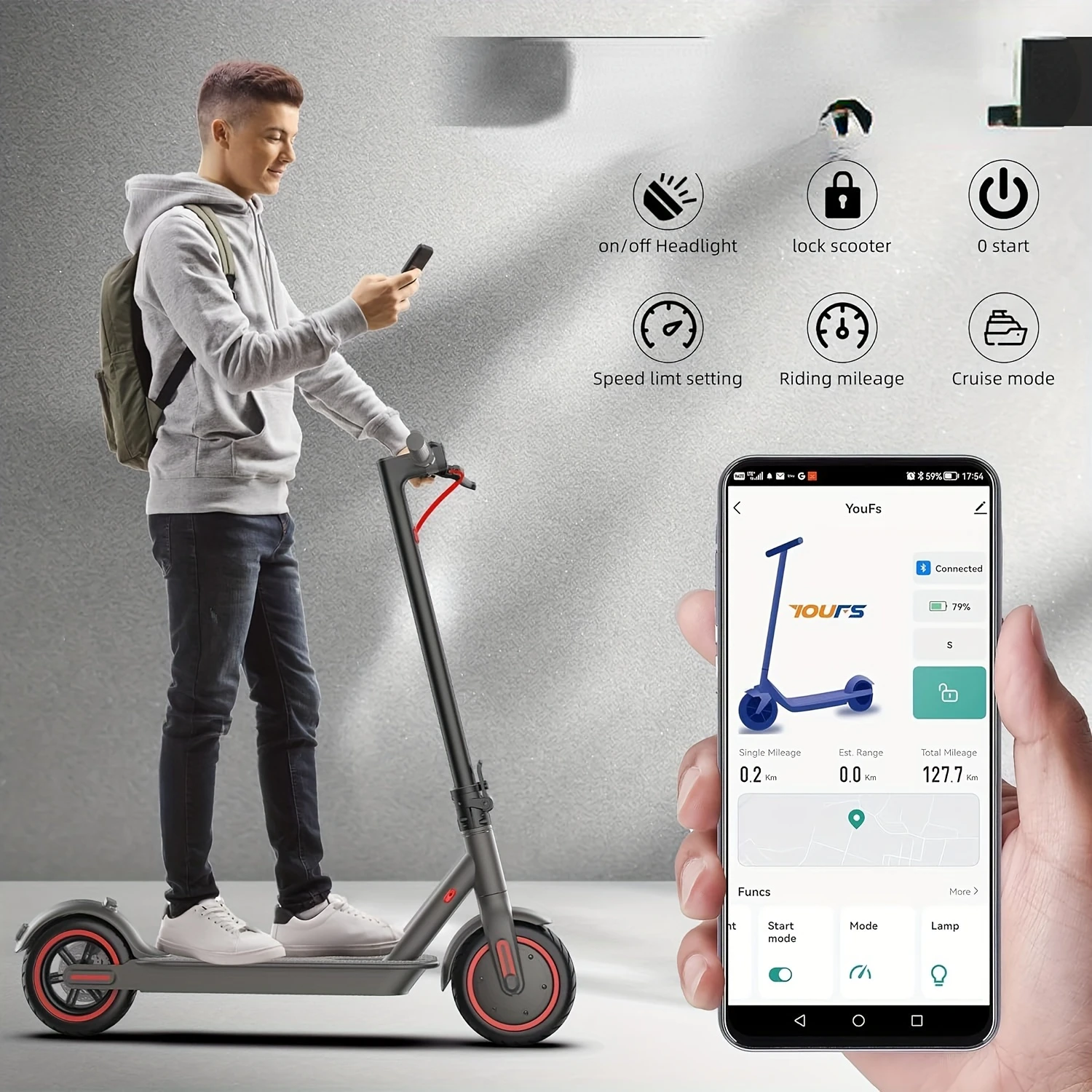 

Energy-saving new energy scooter outdoor scooter APP connected to variable speed travel vehicle black 1 Keychain Tree climbing