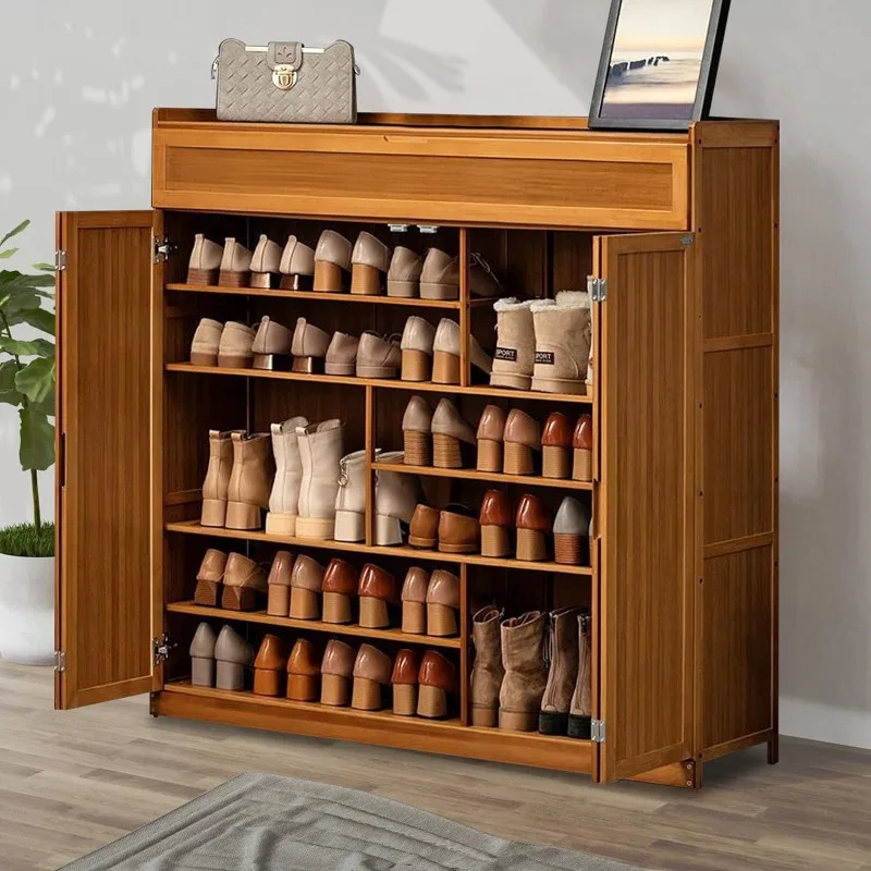 

Bamboo Shoe Storage Cabinet with Double Folding Door, 7 Tier Large Shoe Cabinet & Free Standing Shoe Racks for 36-40 Pairs