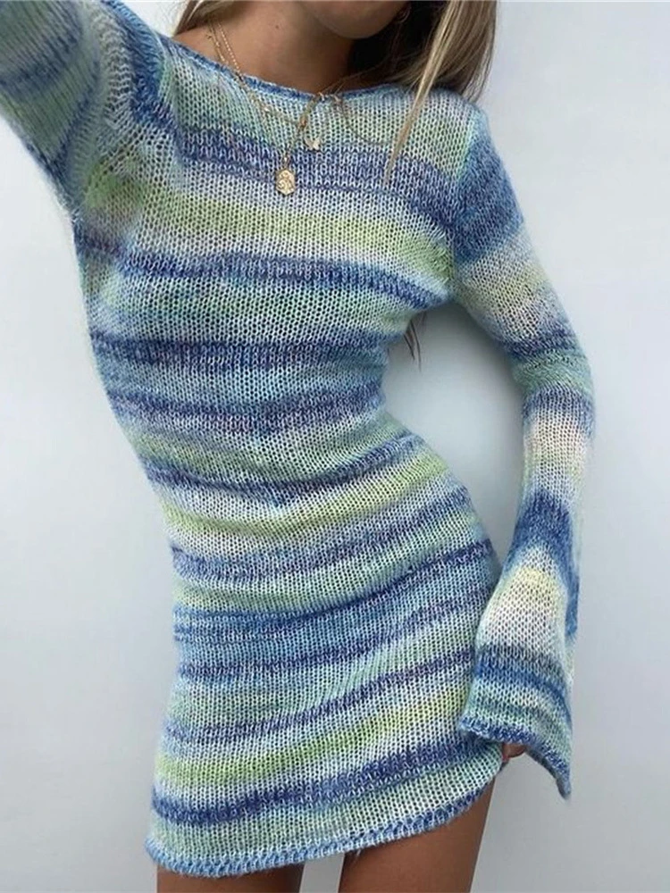 

Blue Striped Knit Mini Dress Women Sexy Backless Vacation Beach Dress 2023 Summer Casual Loose Long Sleeve See Through Cover Up
