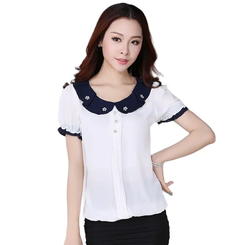 

Woman Summer Hot Sale Casual Solid Short Lantern Sleeve Peter Pan Collar Chiffon Blouse Female Splice Hedging Loose Shirts