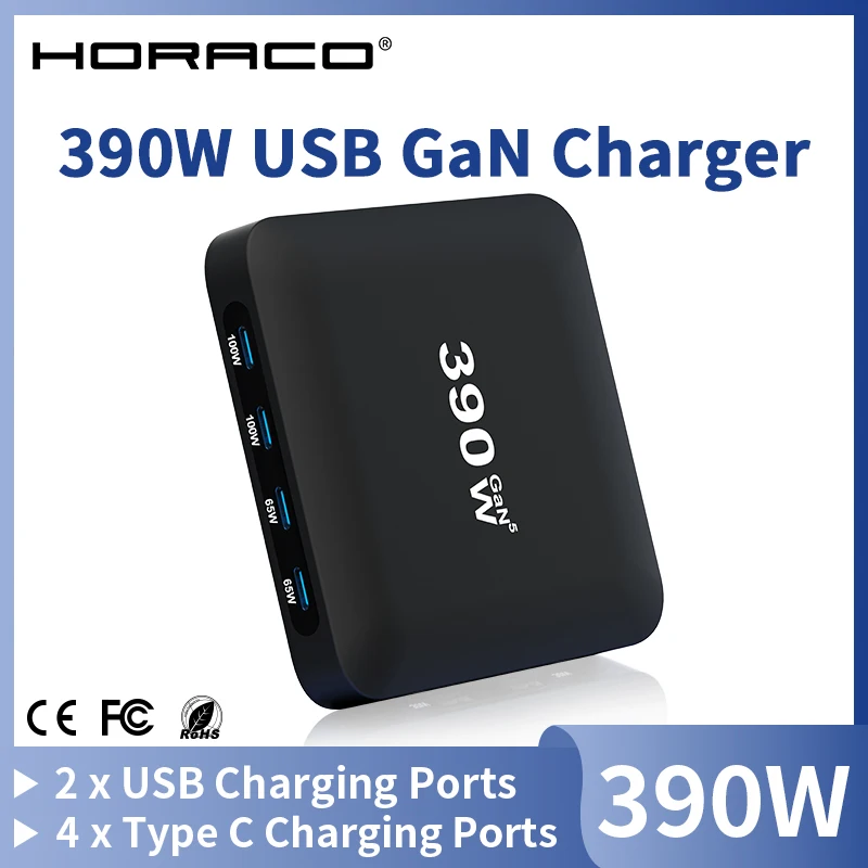 Cargador de escritorio USB C GaN 390W 4C2A carga multipuerto carga rápida para teléfonos tabletas