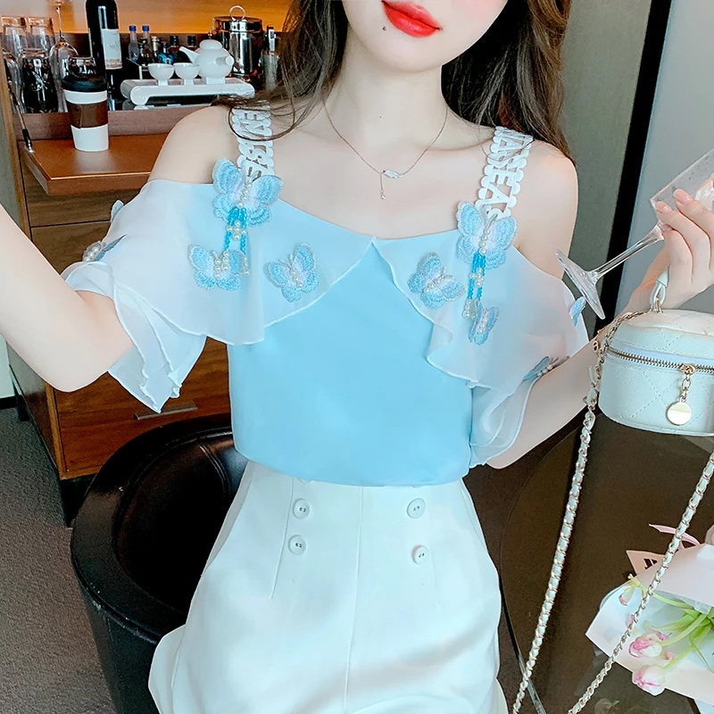 Off-the-Shoulder Chiffon Shirt Short-Sleeved Shirt for Women Summer New Ruffled Spaghetti Straps Top Loose Pullover Womens Tops