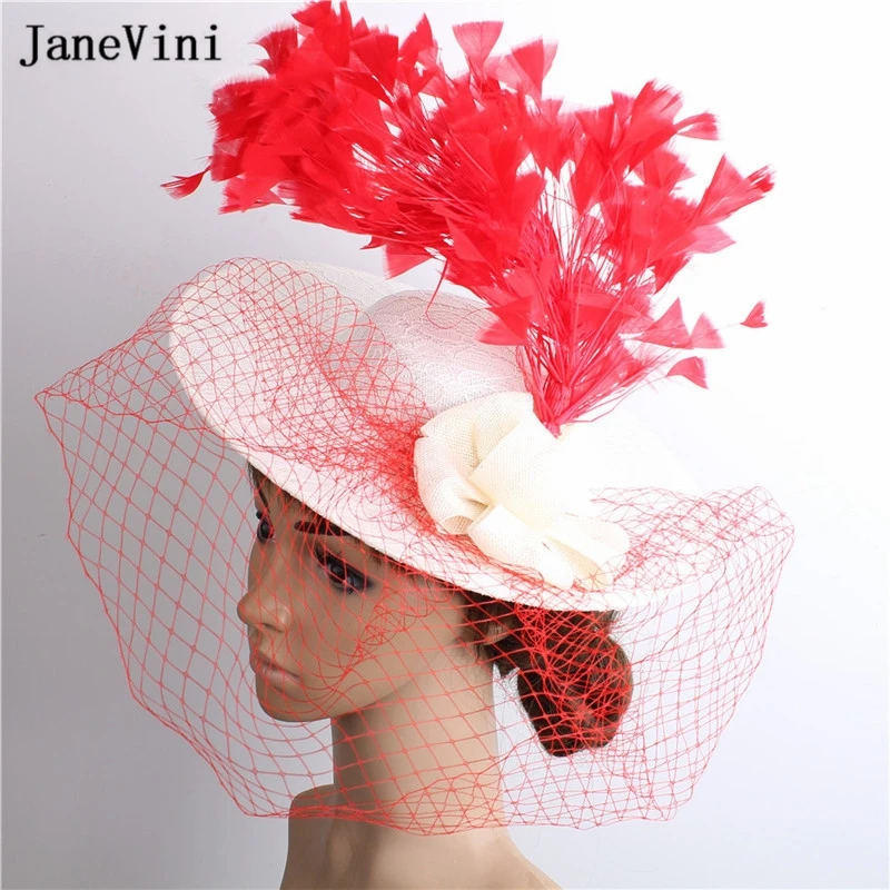 JaneVini Large Elegant Women Hats Wedding Facinators Linen Mesh Birdcage Veil Ivory Princess Bride Lace Hat Accesorios De Novias hair accessories bridal hair accessories fascinator hats
