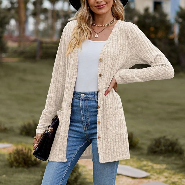 Button Knitted Cardigan Sweater Womens Solid Color Long Sleeve