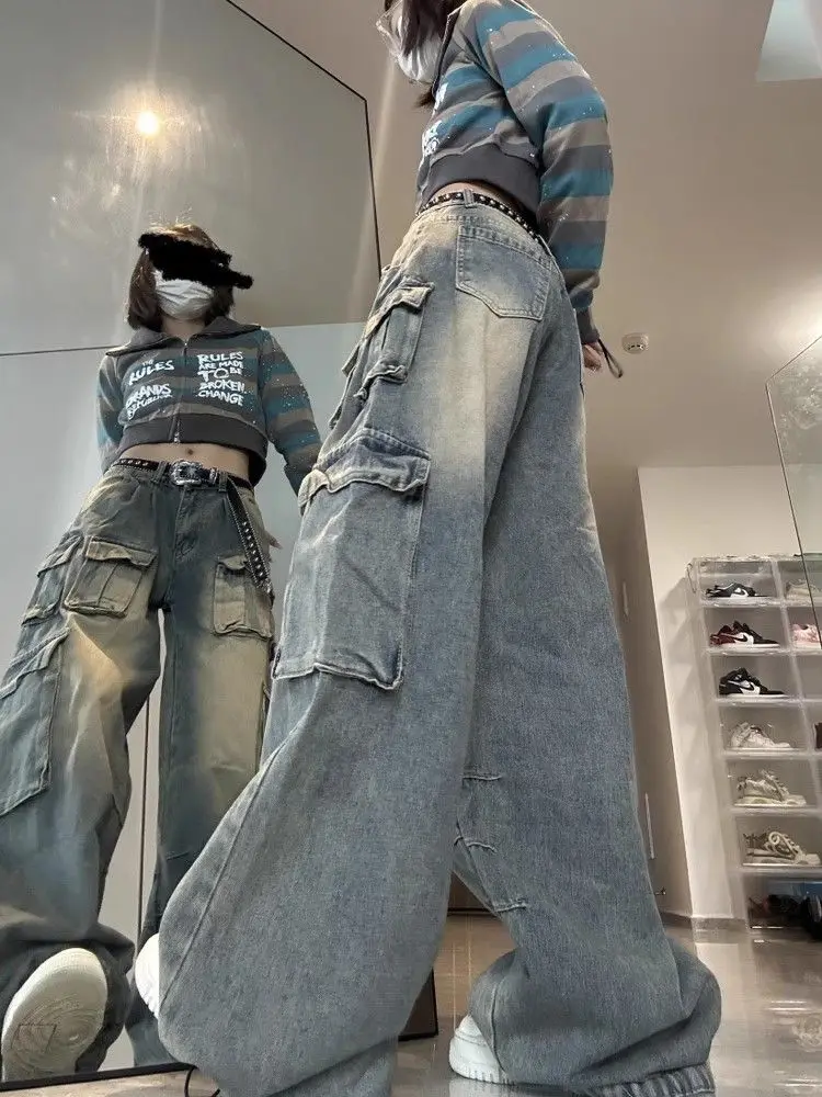 HOUZHOU Grunge Distressed Baggy Tooling Jeans Women High Street Y2K Multy Pockets Denim Cargo Pants Oversize  Wide Leg Trousers
