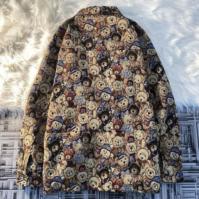 Autumn and Winter Fashion Casual Cute Bear Print Lapel Jacket for Men and Women Single-breasted Jacket 2022 New Women Clothing