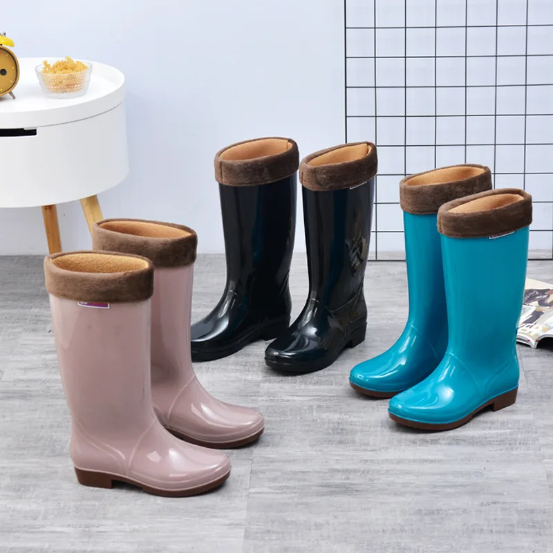 Women's Rain Shoes Casual PVC with Velvet Waterproof Non-slip Knee-high Boots New Fashion Tide for Reasons Botas De Mujer