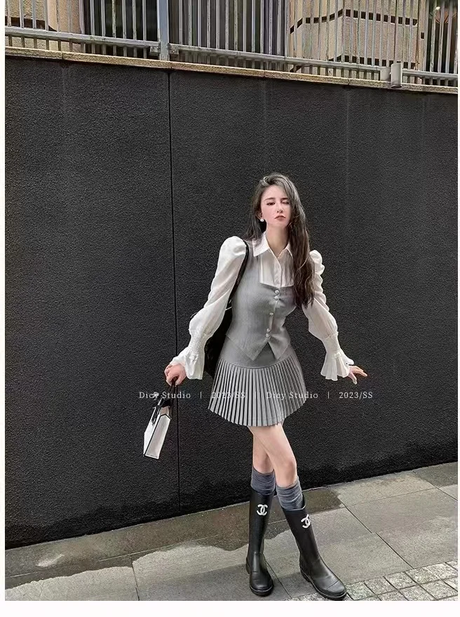 Sweet 3 Piece Set Women Flare Sleeve Shirt Square Collar Vest Pleated Mini Skirt Autumn Spring Solid Y2K Korean Chic Outfits New