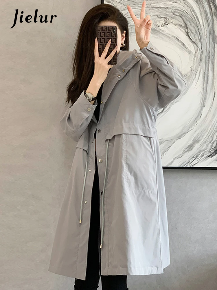 Jielur Korean Style Loose Drawstring Female Trench Solid Color