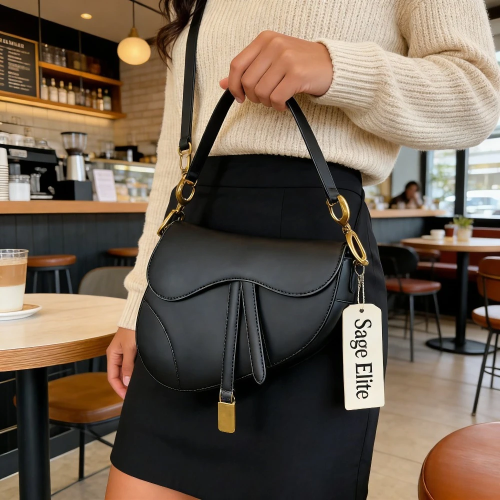 Sage Elite Women's Black Leather Crossbody Bag Fashion Saddle Bag Versatile Casual Shoulder Purse