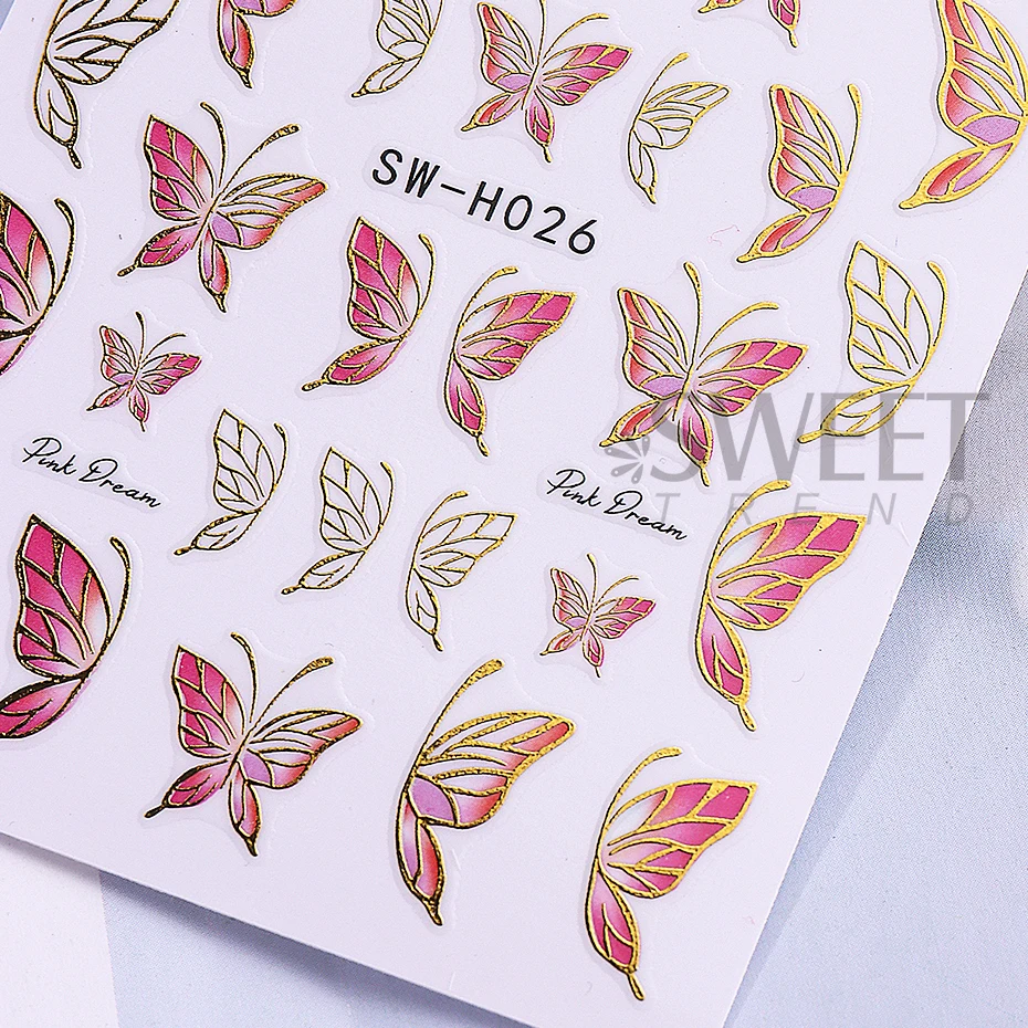 3pcs Gradient Butterfly Flower Nail Stickers 3D Bronzing Border Daisy Floral Petals Butterfly Adhesive Decals DIY Manicure Decor