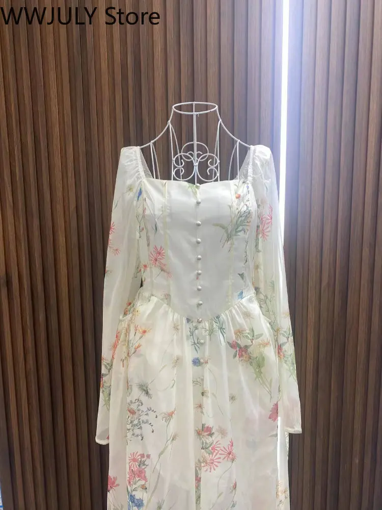 Chiffon Floral Midi Dress Office Lady 2023 Summer Elegant One Piece Dress Korean Fashion Beach Style Causal Long Sleeve Sundress