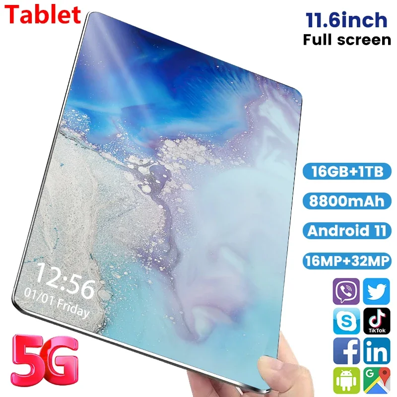 

5G 2024 New Global Version 11.6 inch Tablet Android 16GB Ram 1TB Rom Android 11.0 Dual SIM 10 Core Bluetooth tablet PC Network