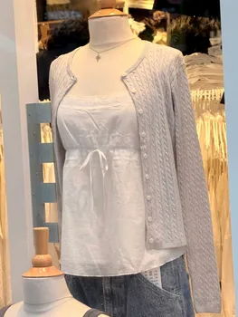 Solid Basic Cotton Long Sleeve Knitted Cardigan Women Simple O-neck Casual Preppy Style Jumper Sweet Prepppy Style Sweater Top 1