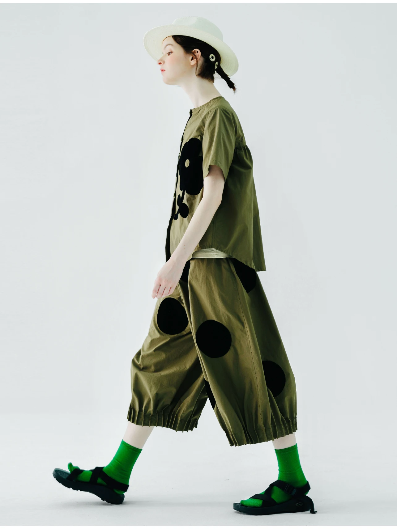 Pleated Pants Army Dot Wave Green