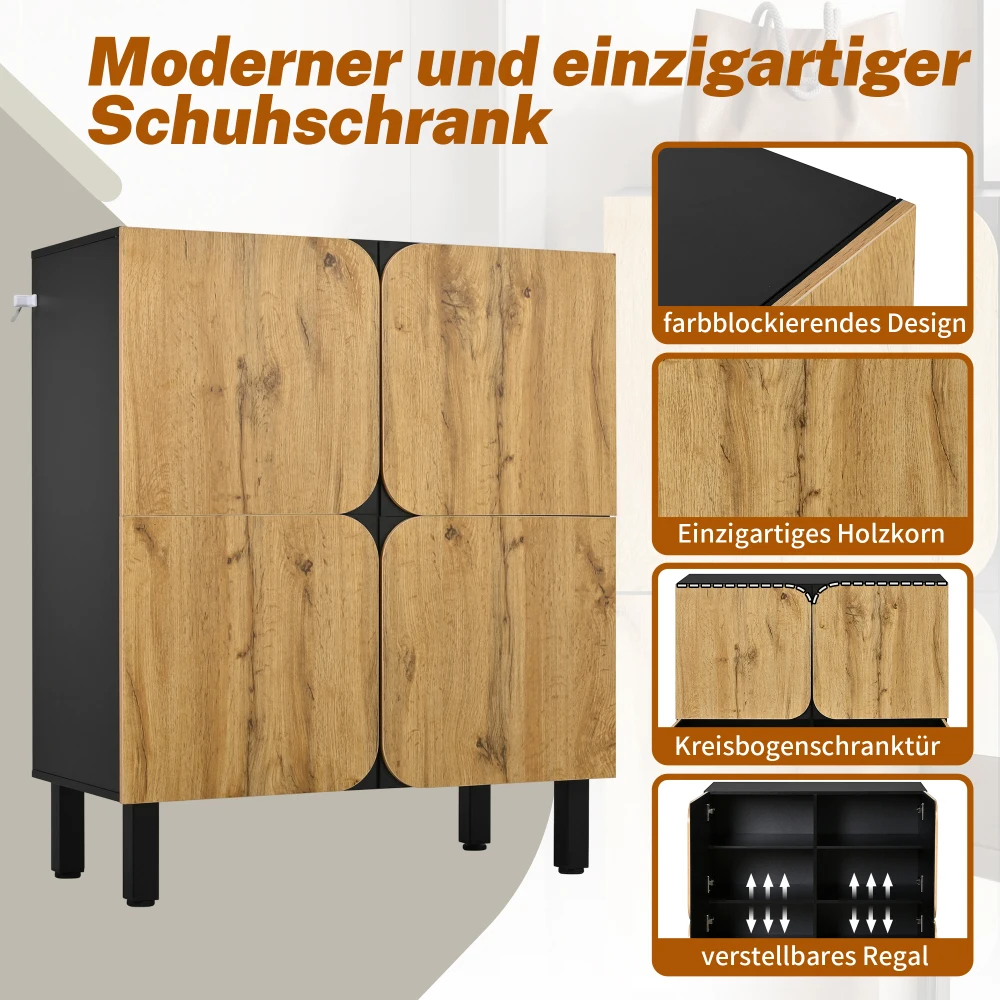 80*38,5*90cm Moderner Schuhschrank, Einzigartiges Design, Vier Türen, Verstellbare Einlagen, Schwarze Eisenbeine und Gebogene Türen – Detail 13