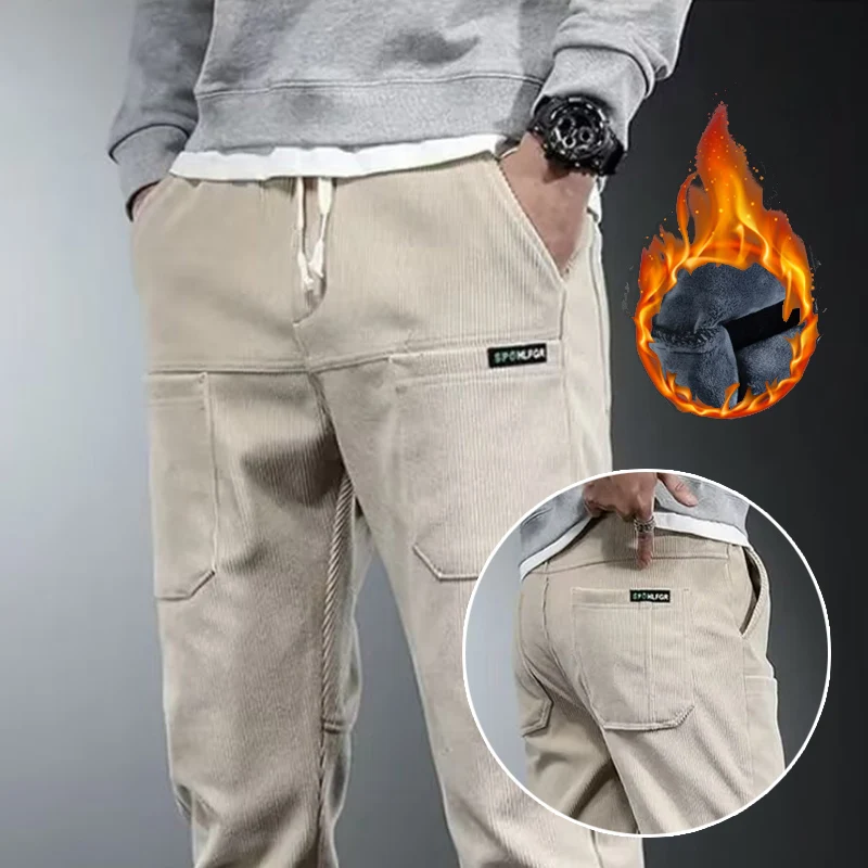 Men's Thermal Corduroy Pants Autumn Winter Stylish Comfortable Plush Narrow Leg Trousers Daily Elastic Waist Straight Leg Pants