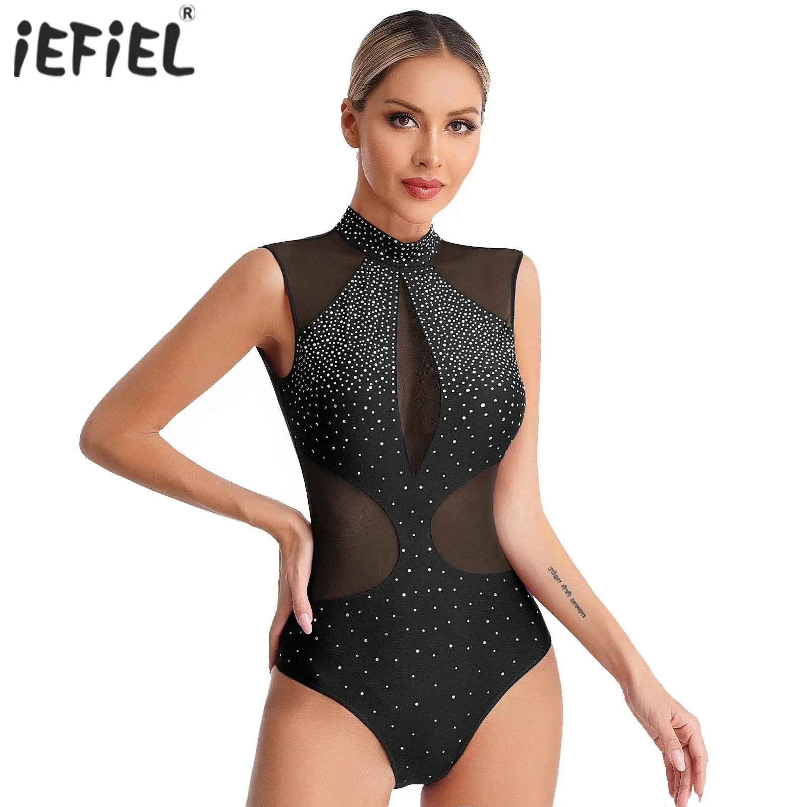 

Womens Ballet Gymnastics Leotard Rhinestones Figure Skating Sheer Mesh Sleeveless Cutout Back Bodysuit for Stage Performance