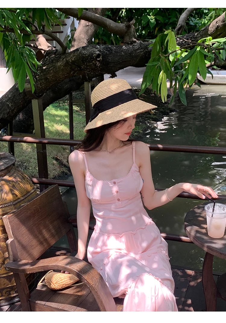 French Elegant Dresses for Women Solid Spaghetti Strap Summer New Ruffles A-line Casual Korean Chic Midi Vestidos Mujer