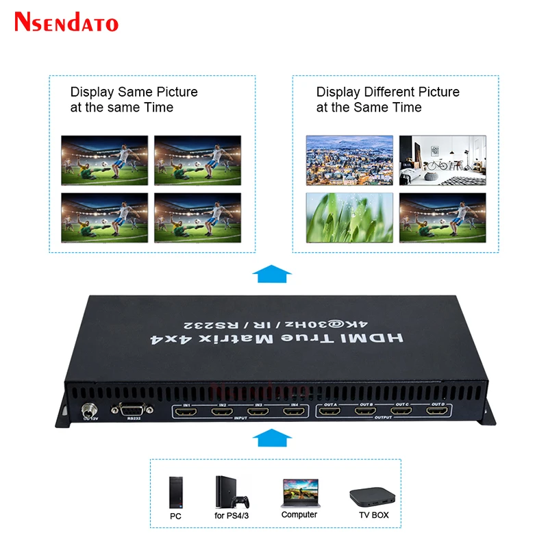 HDMI True Matrix 4x4 4 in 4 out 4K 30HZ HDMI Switch Splitter Switcher with IR RS232 Adapter For computer TV Monitor