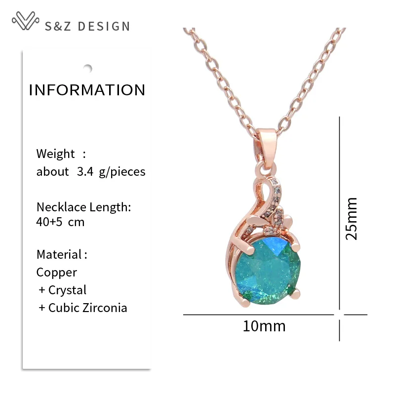 S&Z DESIGN New Fashion Cubic Zirconia 585 Rose Gold Color Round Crystal Pendant Necklace For Women Wedding Party Jewelry Gift