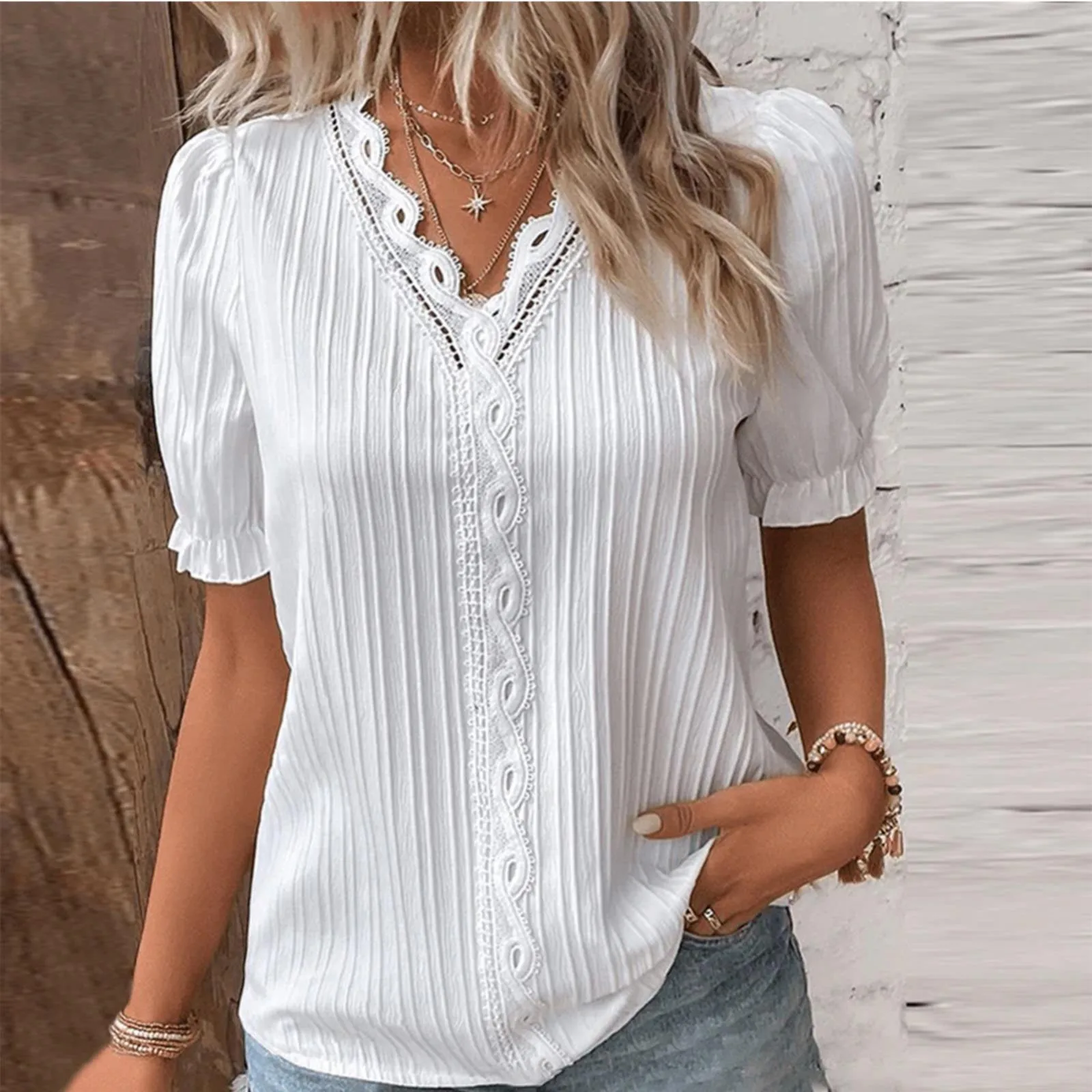 

Womens Summer Lace V Neck Plain T-Shirts Fashion Solid Color Elegant Tops Ladies Casual Loose Short Sleeve Comfy Soft Tees
