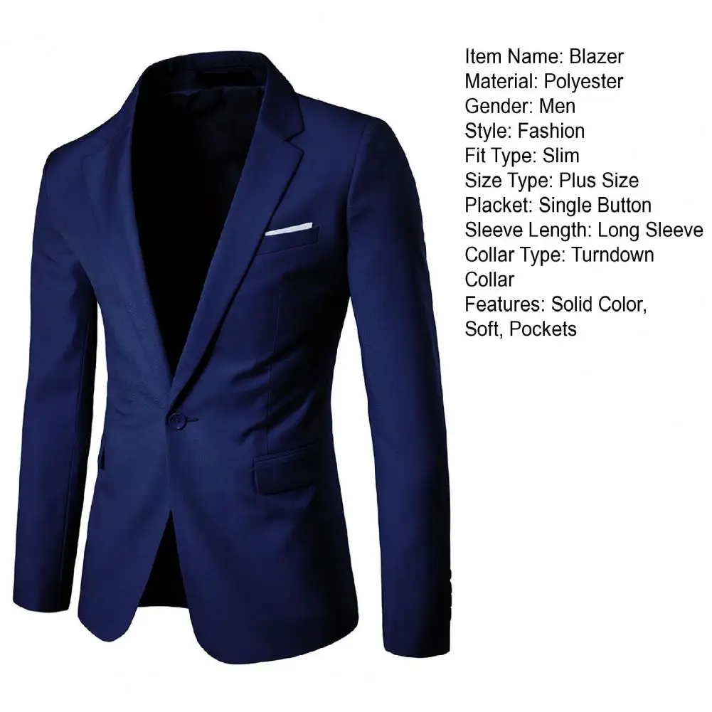 Description Picture 6 of itemMen Blazer Stylish Pure Color Button Suit Jacket Autumn Winter Casual Blazer Slim-fitting Pockets Suit Coat for Wedding
