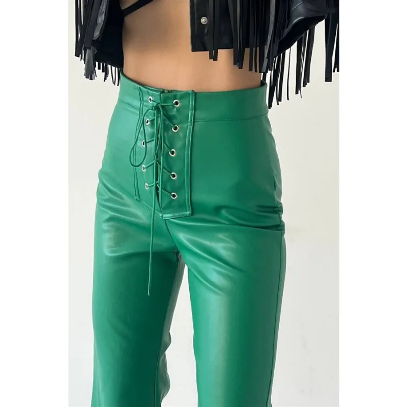 Women's Sexy Spicy Girl Flare Pants Autumn New Lace Up Design High Waist PU Leather Slim Trousers for Women