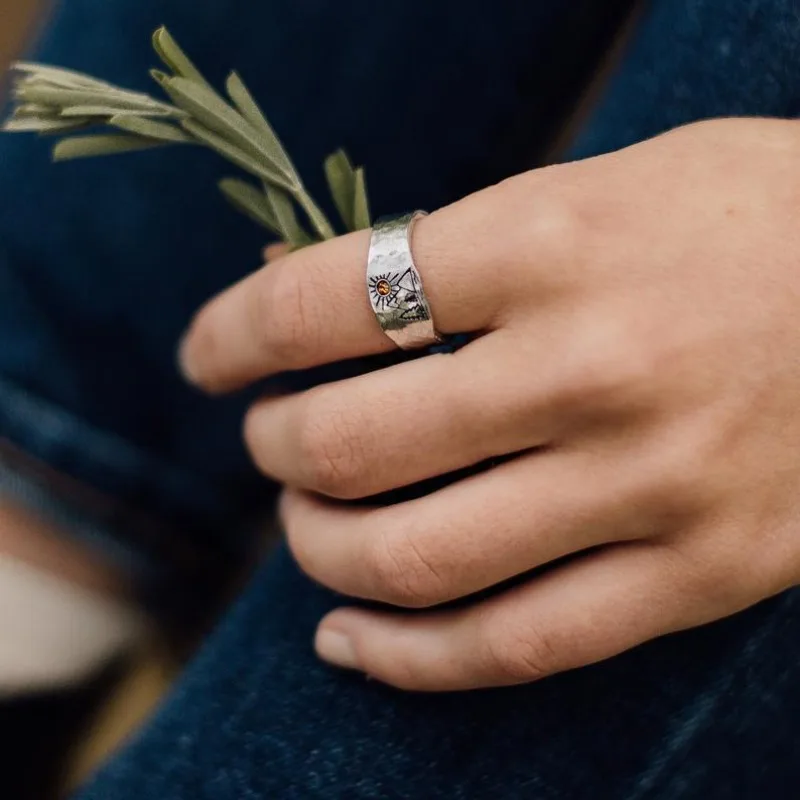 Vintage Nature Landscape Carved Ring for Women Men Adjustable Couple